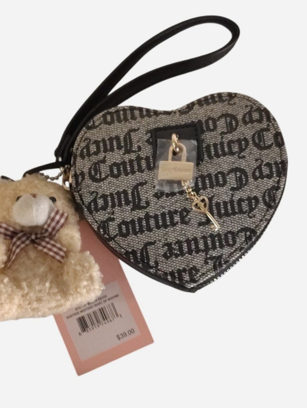 Juicy Couture Heart Wristlet in Black and Gray Logo Print with Gold Charm